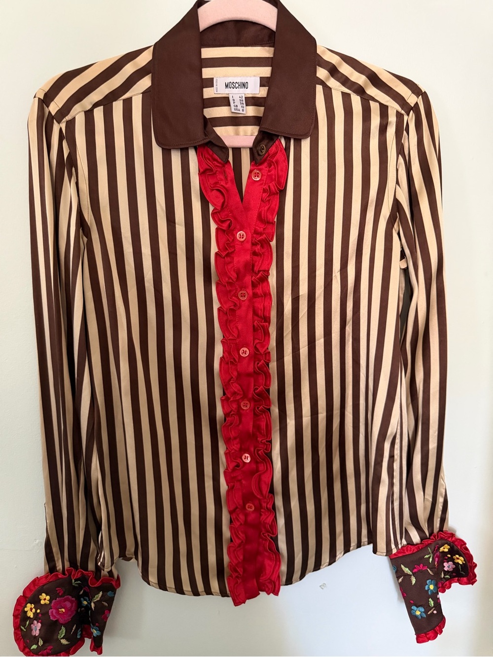 Moschino Brown and Cream Striped Silk Blouse with Red Ruffle Placket
